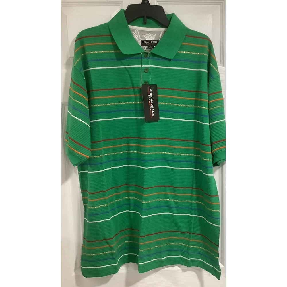 Koman Jeans Mens Multicolor Striped Polo Shirt Buttons Collared Short Sleeve XL